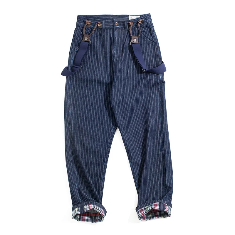 

Mens Retro Casual Blue Striped Pants Scottish plaid hem Regular Straight Fit Denim Work Pants With Detachable Suspenders