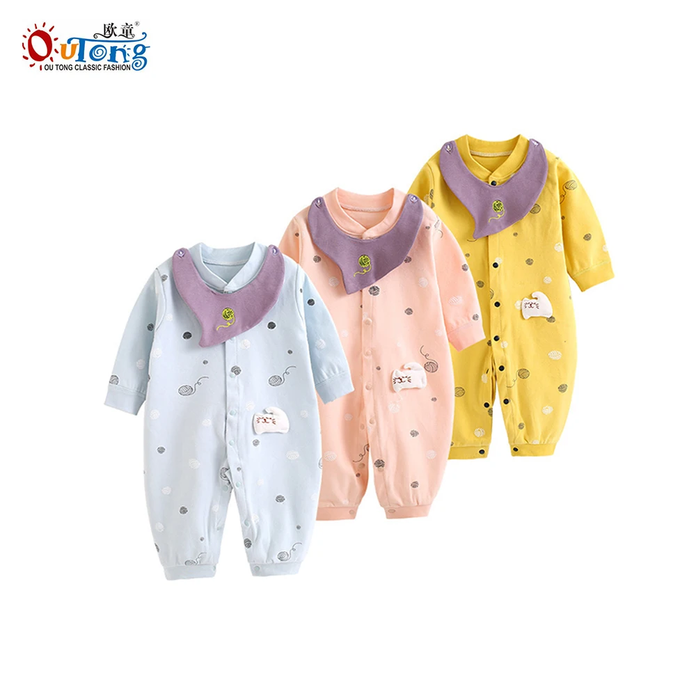 

Outong 3pcs / Set Cute Baby Rompers Cotton Long-Sleeved Cartoon Romper Spring Autumn Print Newborn Clothes with Muslin Bib