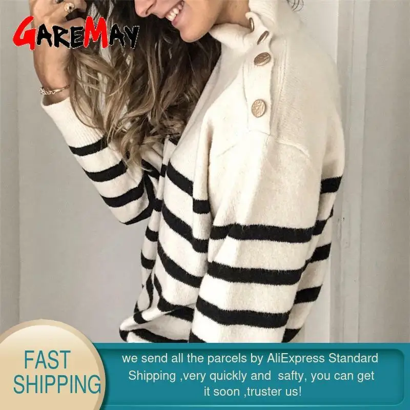 Женская водолазка в полоску белый вязаный джемпер большого размера на пуговицах