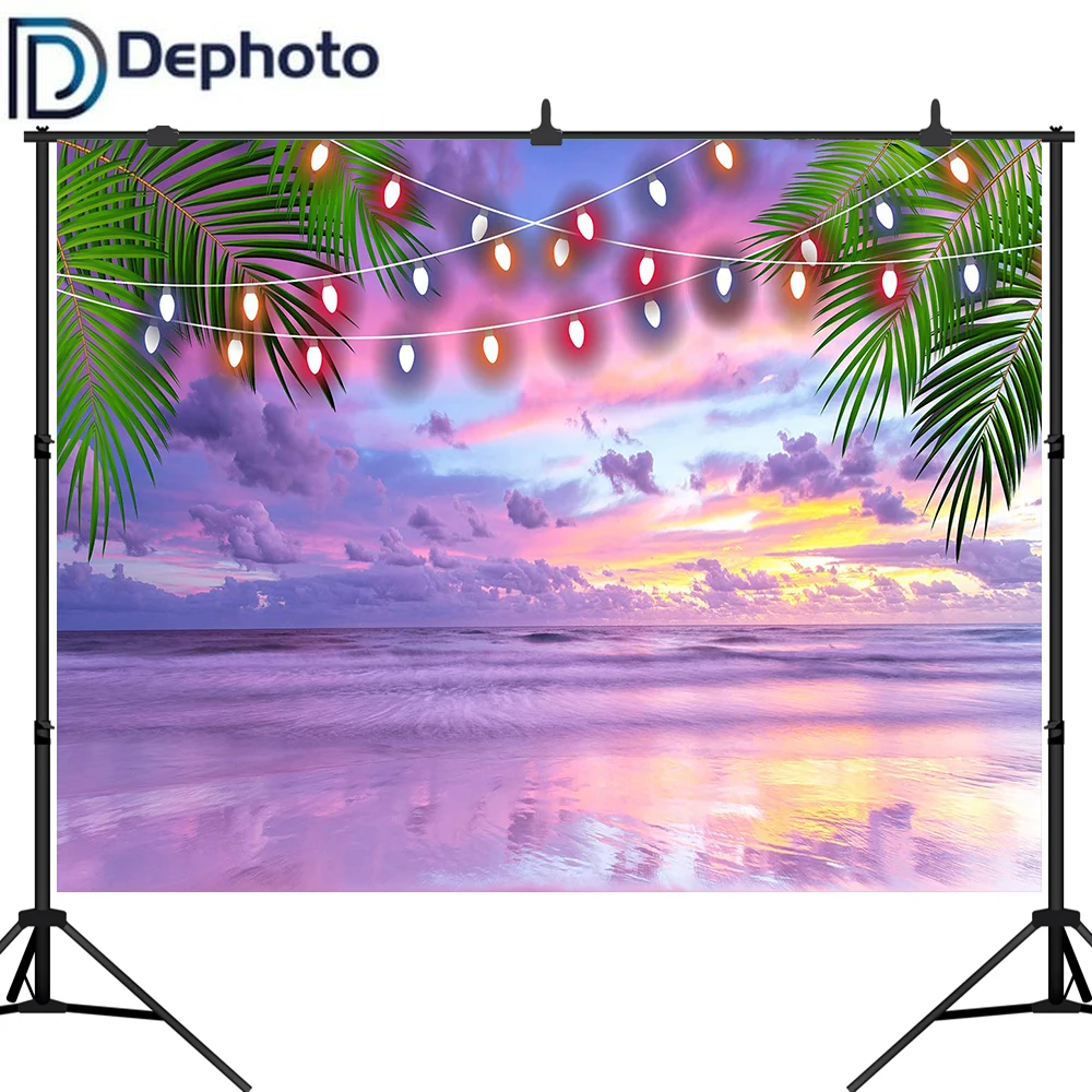 Dephoto Летний морской пляж фон для фотосъемки закат море океан пальмовые огни