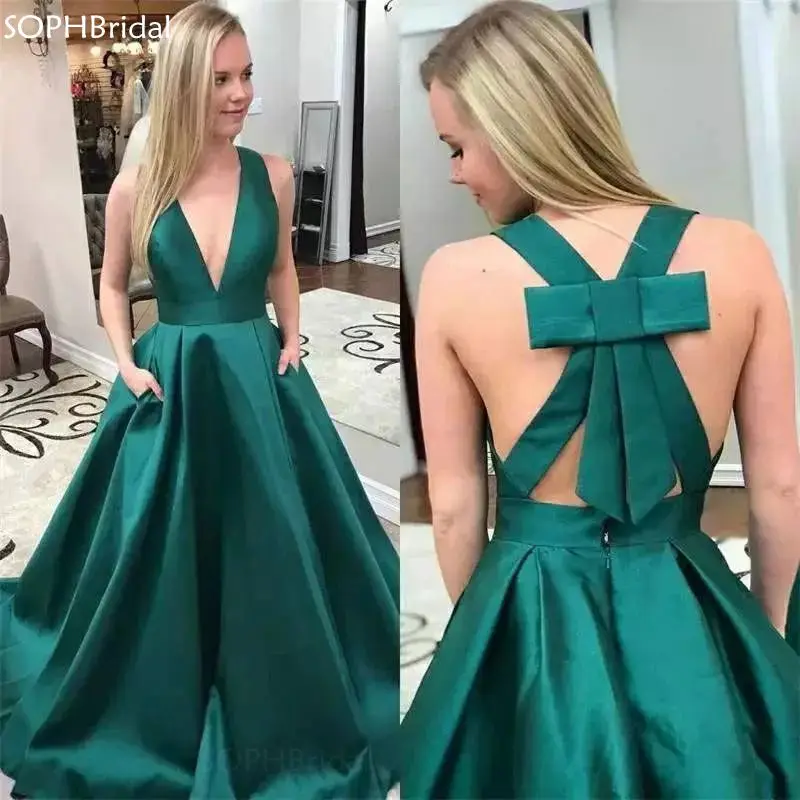 

Женское вечернее платье с V-образным вырезом, темно-зеленое длинное платье для причастия и выпусквечерние вечера, простое официальное плать...