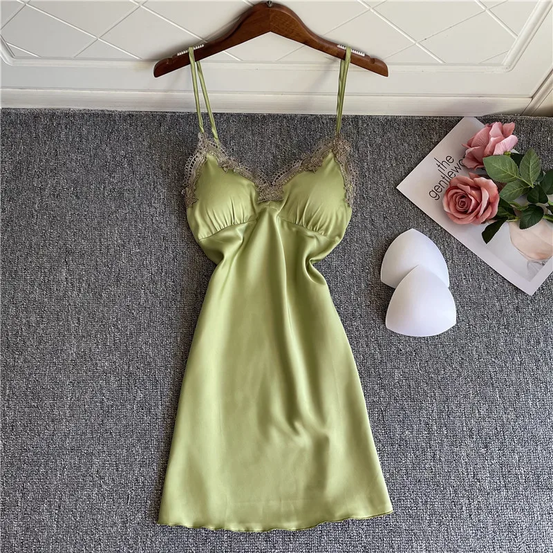 

Sexy Lace V-Neck Nightgown Women Summer Sleeveless Nightdress Thin Satin Sleepwear Mini Home Dressing Gown Casual Loose Bathrobe