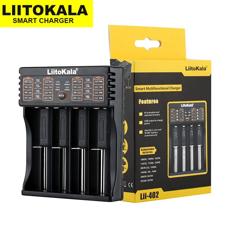 

Liitokala Lii 402 18650 Battery Charger 26650 16340 RCR123 14500 LiFePO4 1.2V AA/AAA Ni-MH Smart Rechareable Batteries USB Cable