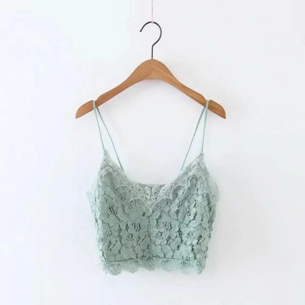 

2021 V-neck Lace Crop Tops Women Mint Green White Black Solid Color Sexy Fashion with Lace Cropped Tank Strap Bra Camis 193