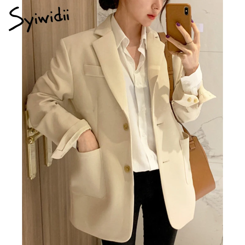 

Syiwidii Suit Blazer Women 2021 Fall Winter Beige Black Jacket Women Elegant Office Lady Coats Single Breasted Notched Outwear