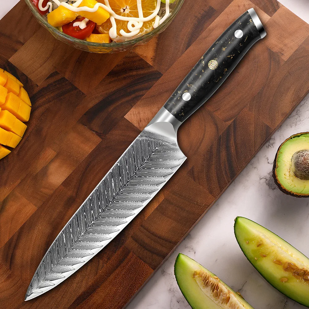 

8 Inch Chef's Knife Damascus Steel Carbon Broken Black Gold Handle Western-style VG10 Kitchen Sushi Cooking Fish Slicing Knife