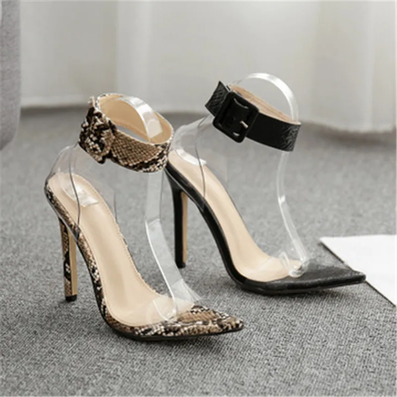 

2020 Women's Fashion Mixed Colors Snakeskin Pattern High Heels Sexy Ankle Wrap Buckle Ladies Open Toed Sandals Sandalias Mujer