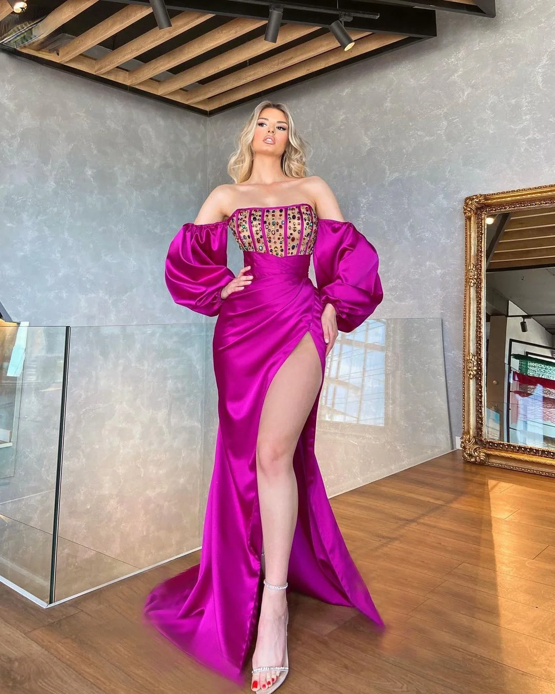 

Purple Long Skirt Women 2021 Spring New Fashion Long Sleeve Card Shoulder Skirt Solid Color Floor Street Style Long Skirt