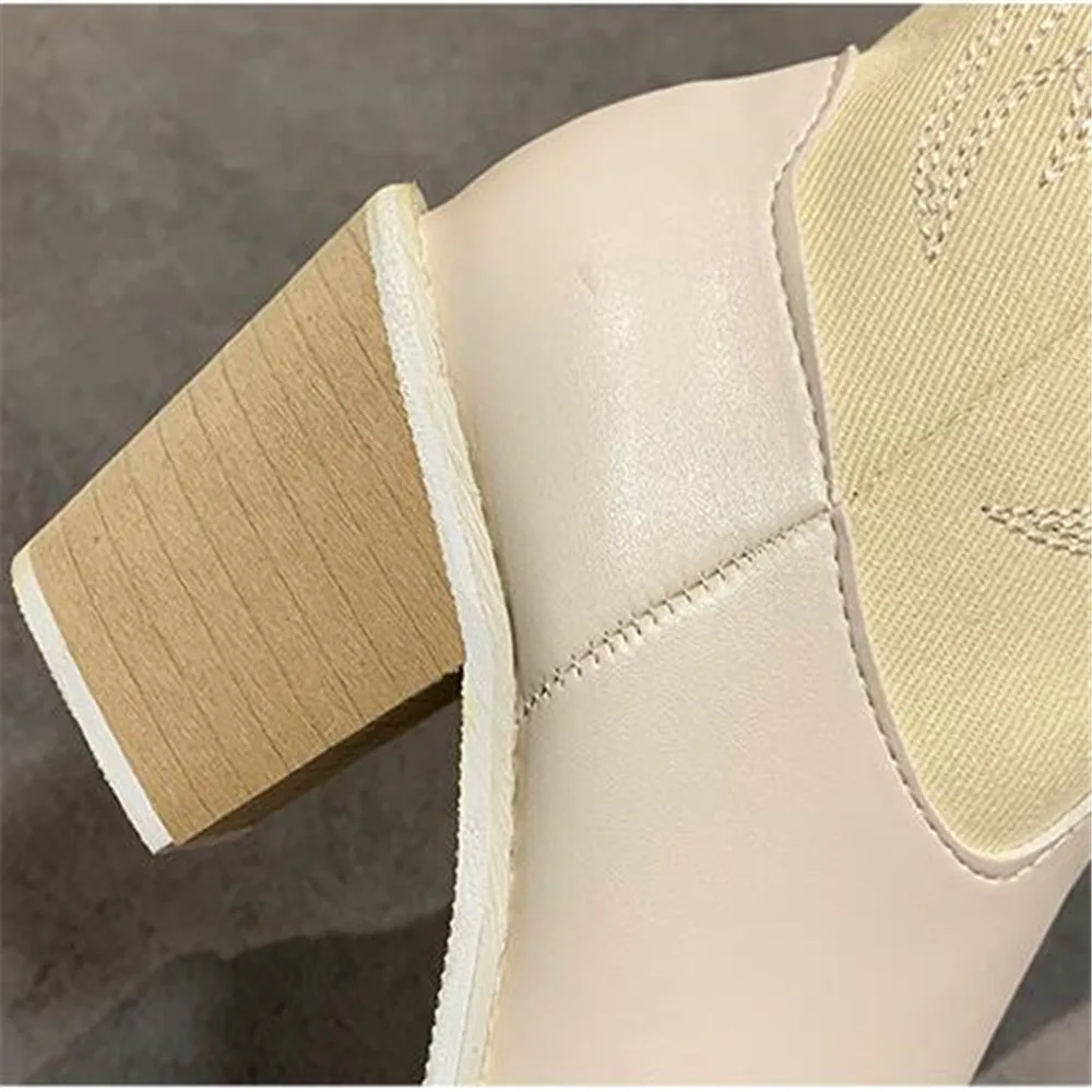 

Autumn Winter Fashion Boot Vintage Leather Western Cowboy Boots Women Slip on Pointed Toe Mid Calf Boots Woman High Heels Shoes