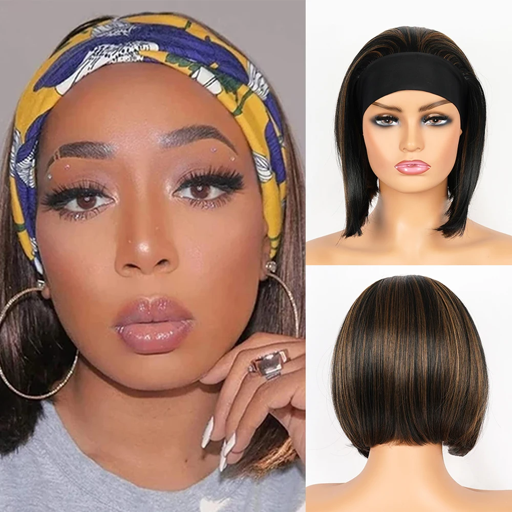 

Short Straight Headband Wig 10 Inch Short Bob Wig With Scarf Ombre Wine Red Highlight Headband Synthetic Wigs For Black Women