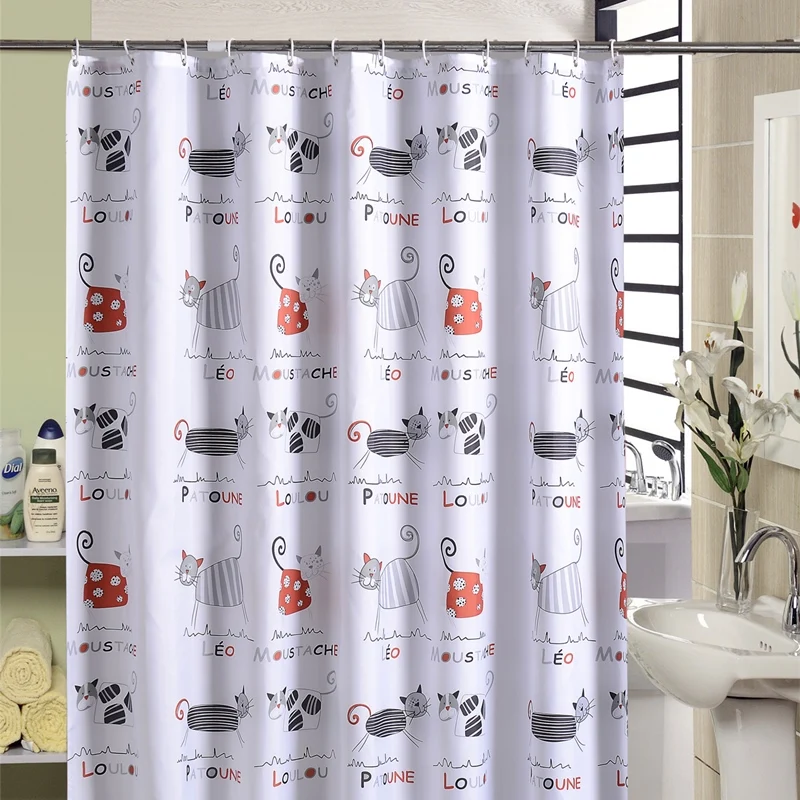 Мультяшная Водонепроницаемая Штора для душа с рисунком кошки 12 крючками