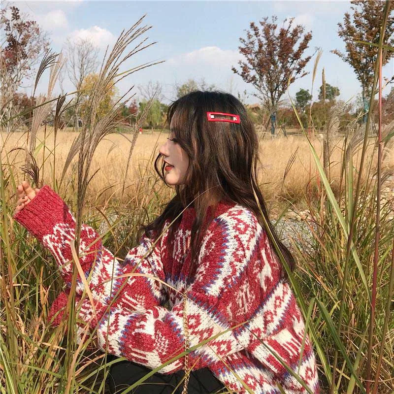 NiceMix Christmas Deer Online Celebrity Sweater New Year Red Winter Style Laziness-Style Loose Warm Yarn Tops | Женская одежда