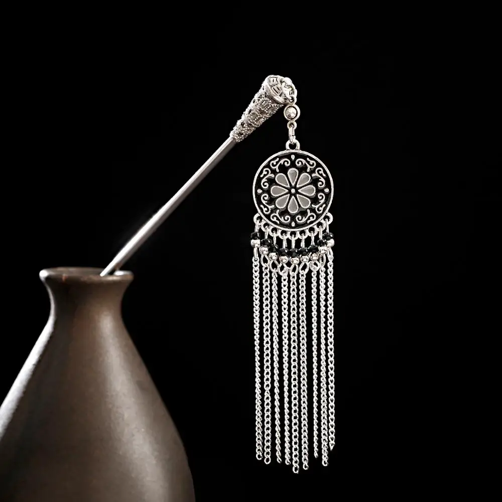 

Boho Tassel Hair Pins Sticks For Hair Vintage Ethnic Silver Color Chain Beaded Round Flower Indian Women Accessories For Jewelry