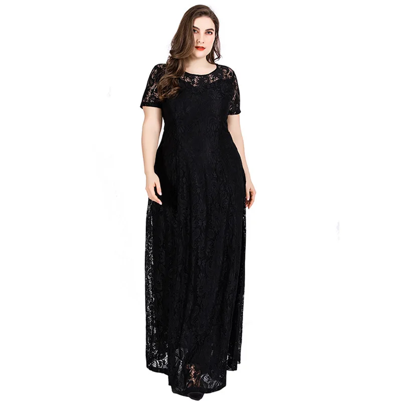 

Large Size Lace Dress Black Summer Round Neck Short Sleeve Crochet Hollow Evening Dress Long Skirt Dress Summer 2020