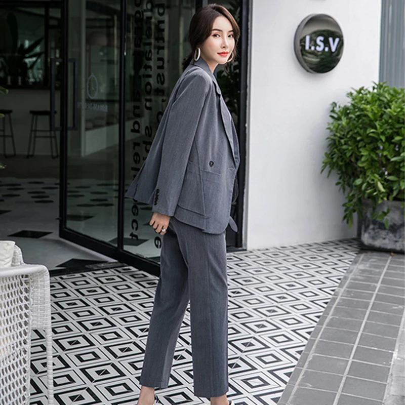 Женский брючный костюм шаровары повседневный блейзер цвета хаки с отложным