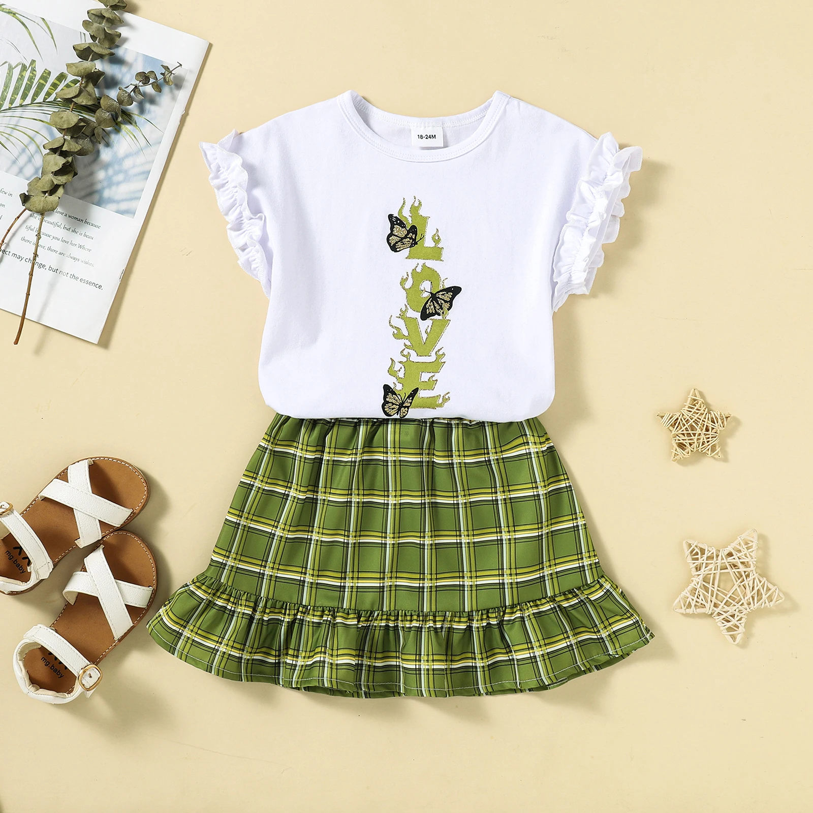 

2Pcs Kids Summer Outfit Baby Girls Letter Print O-Neck Ruffle-Sleeve T-Shirt Plaid Frilly Skirt 18 Months to 6 Years 2021 New