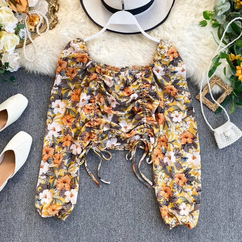 Женская шифоновая блузка с квадратным вырезом короткая плиссированная длинным