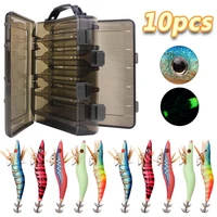 10pcsbox 12g 15g 21g jig fishing squid bait hooks wooden shrimp fishing lure hook artificial bait with double layer box