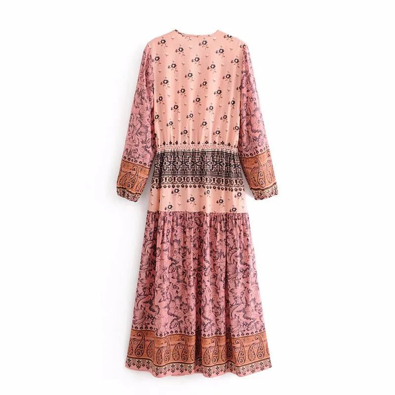 Womens Dress Ladies Beach Summer Printed Casual Fashion V-Neck Sundress Long Sleeve Boho Sexy | Женская одежда