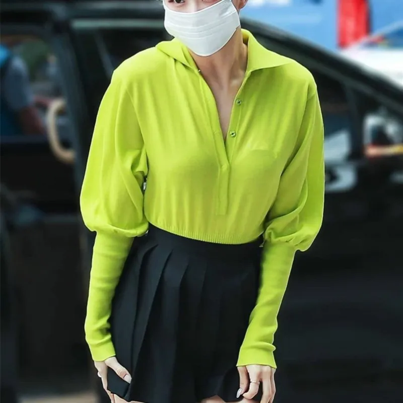 MONMOIRA Fluorescent Green Knitted Pullovers Women Autumn Lantern Sleeve Rose Knitwear Girls Chic Casual Sweaters cws0327-5 | Женская