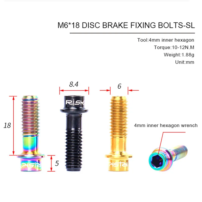 

4Pcs Risk M6*18mm Titanium Alloy Bicycle Bolts Disc Brake Fixing/Stem Fixing Screws-SL for MTB Mountain Bike Road Bicycle Part