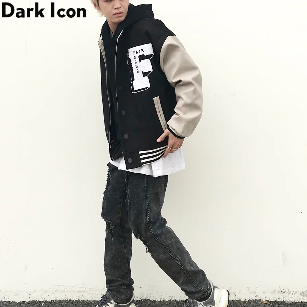 

Dark Icon Embroidery Baseball Jacket Men Leather Patchwork High Street Men's Jackets Black Green
