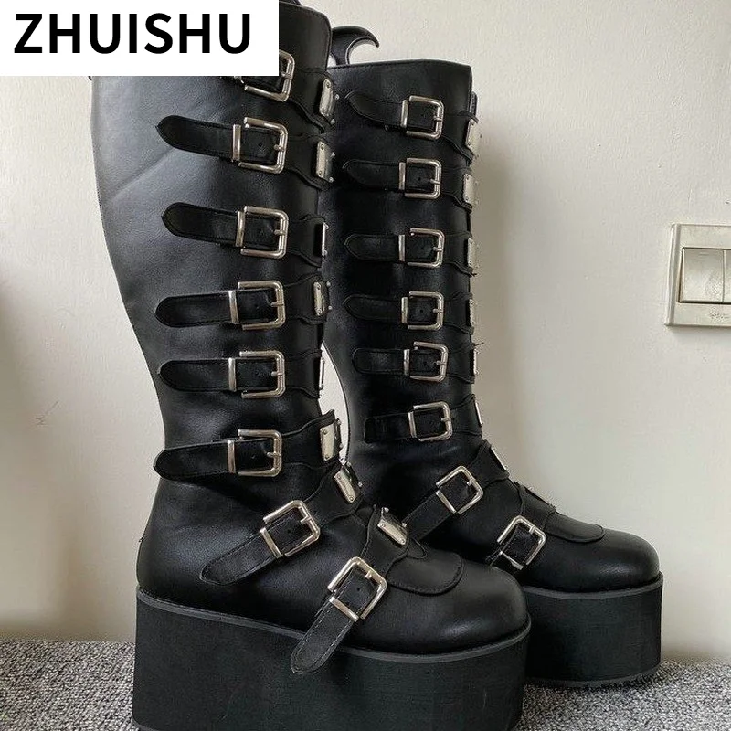 

Женские ботинки до середины икры, новинка 2021, женские ботинки на высоком каблуке и платформе на танкетке, женские ботинки с круглым носком и ...