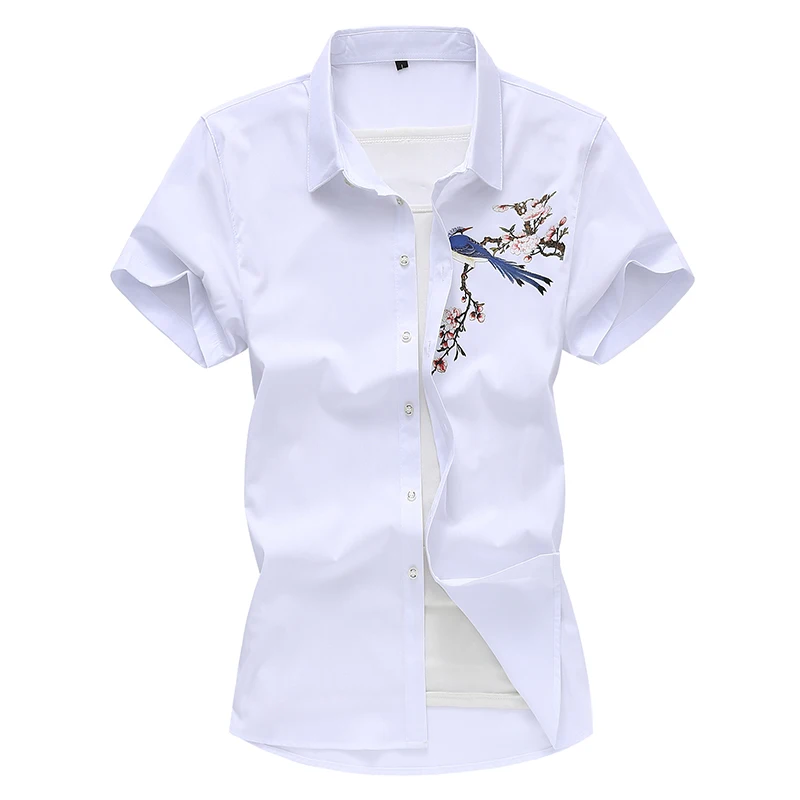 

2021 Hot Chinese Style Print Short Sleeve Standard Fit Holiday Casual Shirt Plus Size 7xl Floral Dress Shirt Men