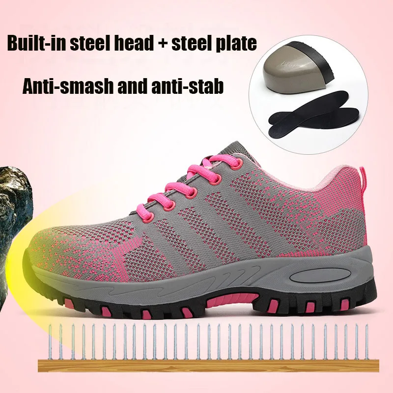 Женские защитные ботинки из плетеной ткани легкие дышащие рабочие со стальным