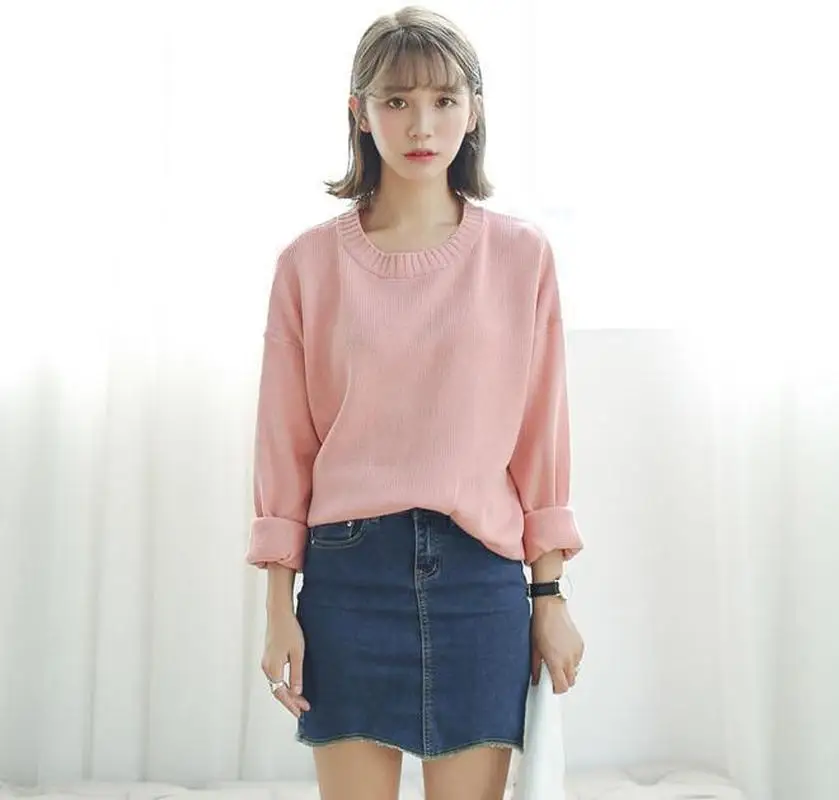 Осень 2019 простые однотонные свитера женские вязаные пуловеры в стиле преппи с