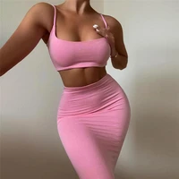 women summer sexy elegant lady street solid pink camisole and skirt two piece set simple slim party skirt set drop shipping