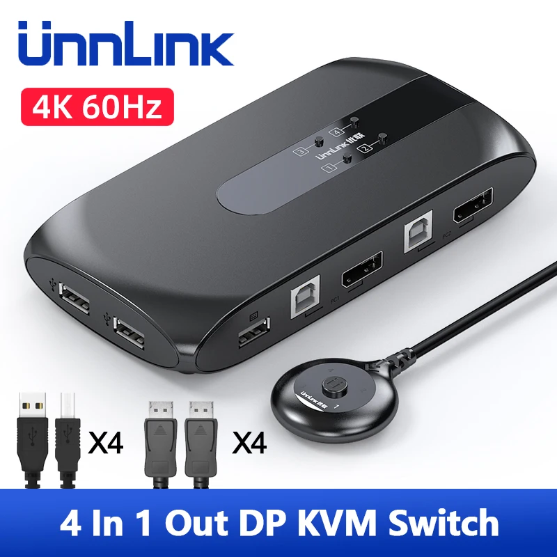 

Unnlink 4K 60Hz DP KVM Switch 4 PCS Computers Share 1 set of Mouse Keyboard Monitor 4 PCs USB 2.0 for Host Laptop TV Projector