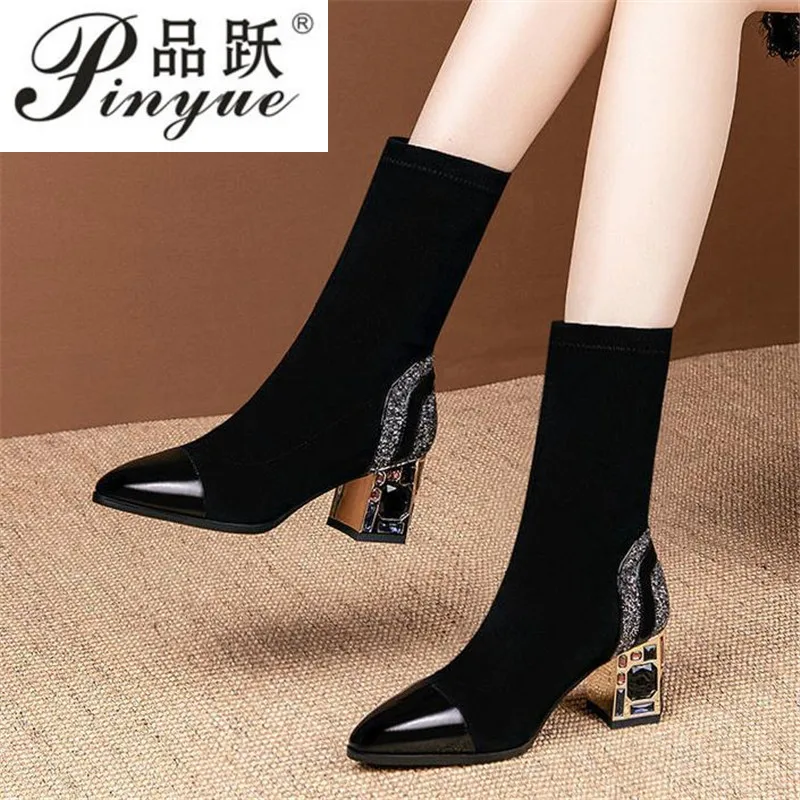 

Slim Short Boots Woman Mid Calf Boot Elastic Fabric Rhinestone Square Heel Women's Winter Shoes Female Footware BLACK