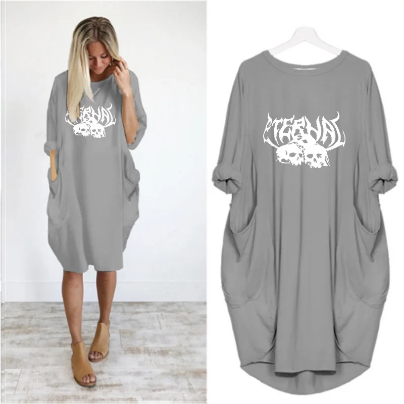 

Harajuku Skull Print Dress Long Sleeve Oversize Streetwear Thin Retro Punk Loose Vestidos Kawaii Fashion Gray Woman Clothes