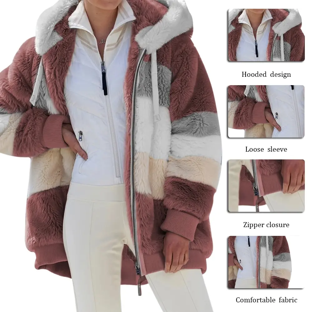 

2021 Oversized Winter Women Jacket Fashion Plush Patchwork Zipper Pocket Hooded Jacket Retro Loose Long Sleeve Women's Coat