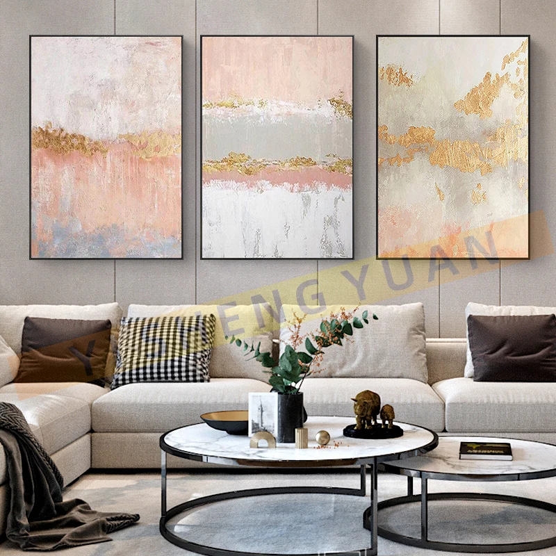 

No Framed Hand Painted Blush Pink Oil Painting On Canvass Handmade Gold Modern Wedding Decor Wall Landscape Picture Home Decora