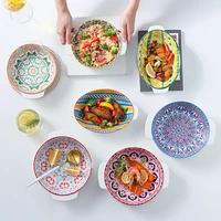 japanese tableware bohemian ceramic double ear disc with multiple patterns household microwave bakeware