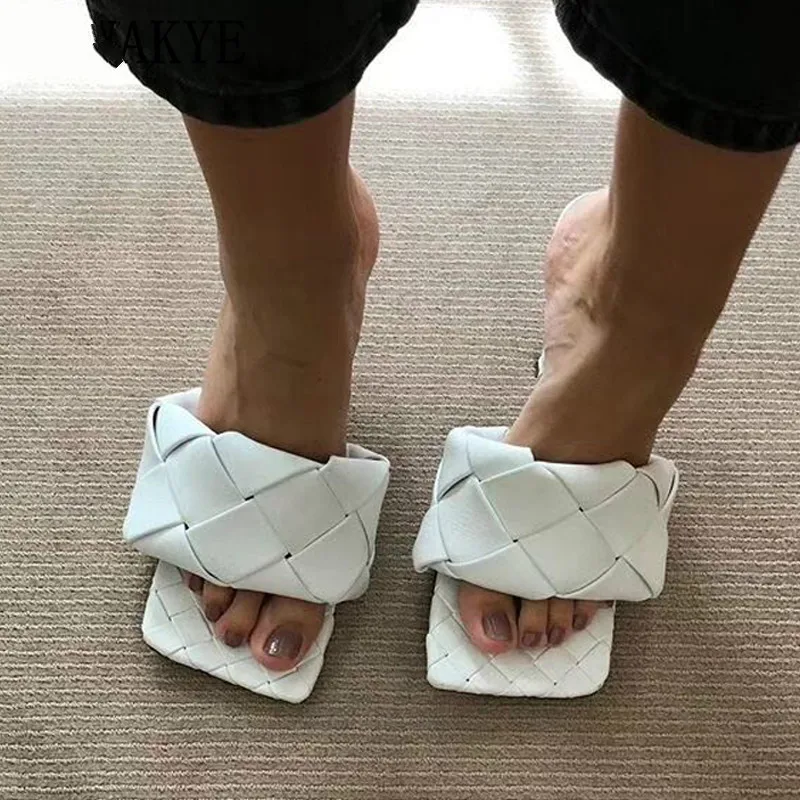 Женские кожаные мюли с квадратным носком синие туфли на высоком каблуке