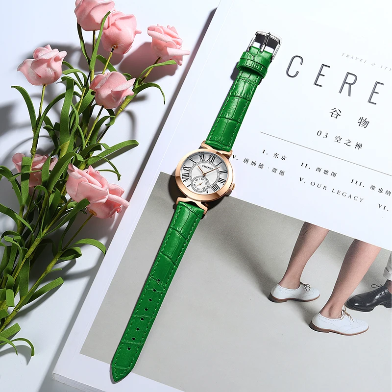 

Модные женские часы CHENXI, зеленые, кожаные, простые, розовое золото, женские кварцевые модные водонепроницаемые часы, женские часы, Montre Femme