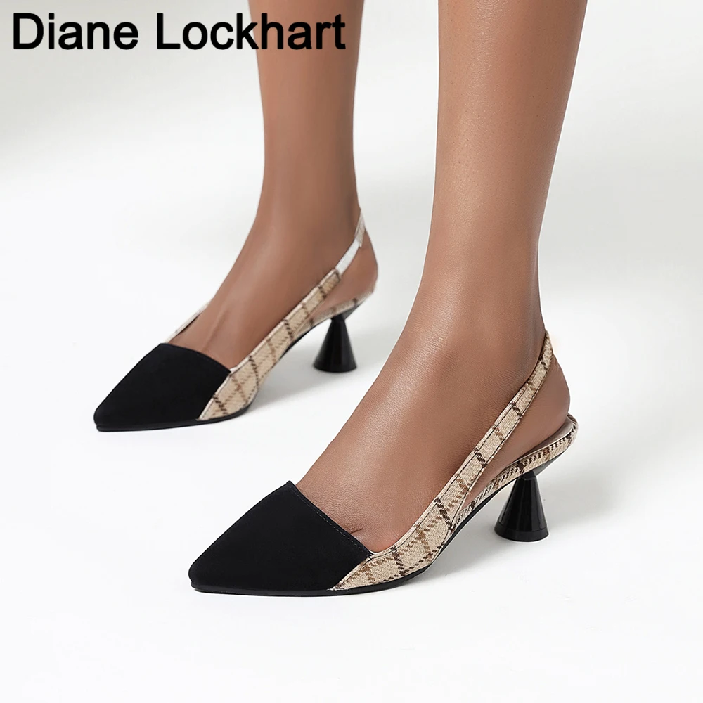 

New Slingback Kitten Heels for Women Shoes Dress Pump Summer Fashion Woman Pumps Plaid Patchwork High Heels Ladies Sandal