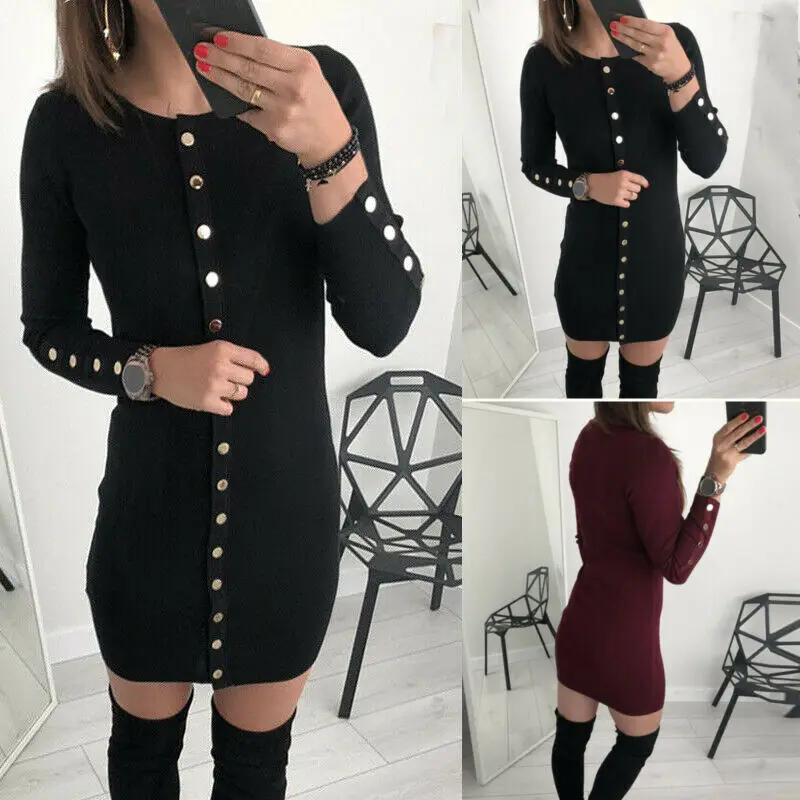 

Women Plain Bodycon Knitted Mini Jumper Dress Winter Long Sleeve Sweater Dresses