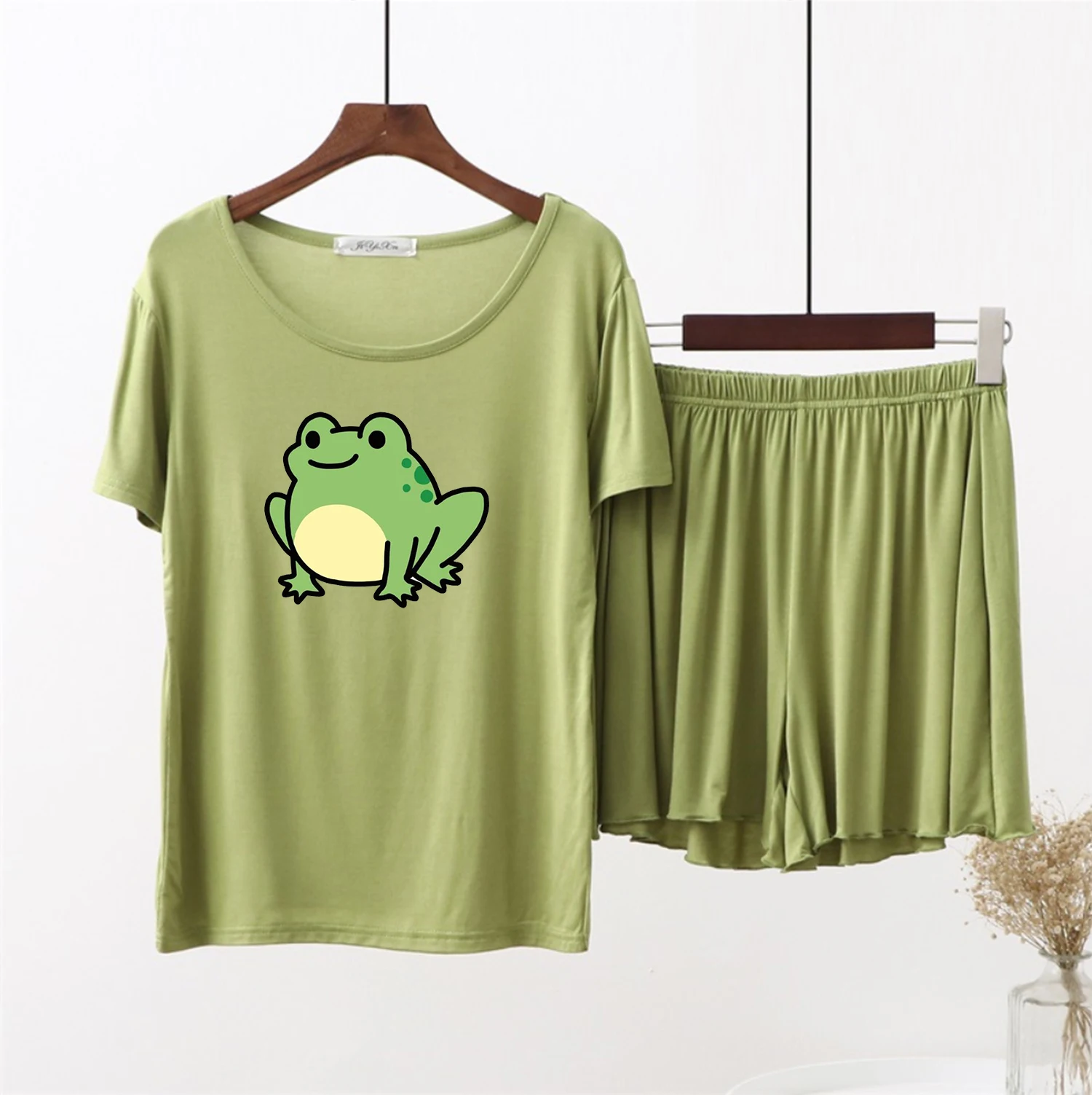 

Kawaii Green Frog Cartoon Women Summer O-Neck Short Sleeve Pajmaas Set Leisure Soft Modal Cotton Homewear Plus Size Sleepwear