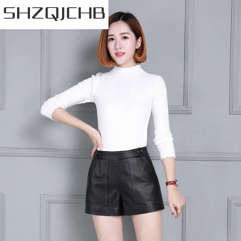 

JCHB 2021 Sheepskin Genuine Leather Womens Shorts Zipper Wide Leg Skinny Trousers Female Plus Size S-4XL OL Slim Fit Casual Leat