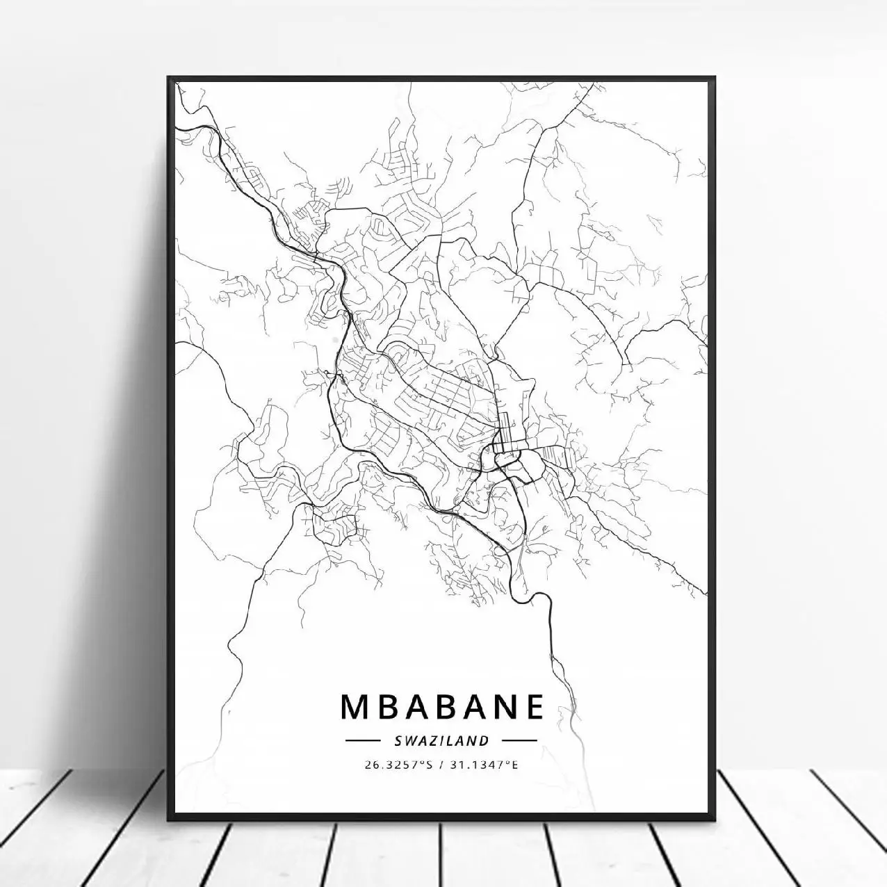 

Черно-белый Mbabane Свазиленд Широта Долгота холст Художественная карта Плакат