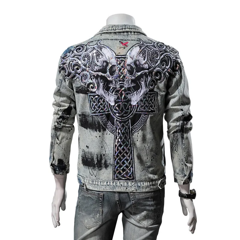 

Мужская винтажная рваная джинсовая куртка-тракер KIMSERE, Потертая джинсовая куртка с принтом черепа, уличная одежда