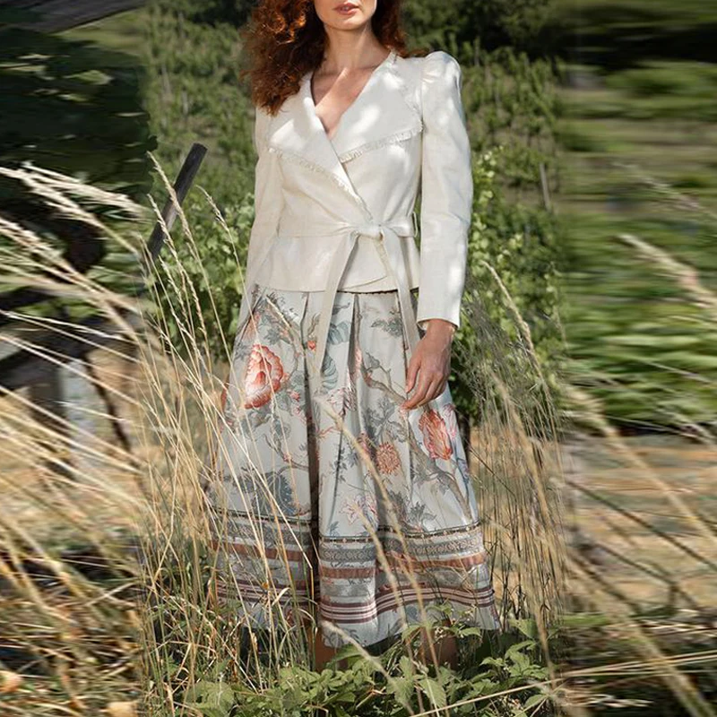 

2021 Autumn Winter Suit Women Fashion Runway Off-white Blazer+High Waist Flowers Printed Skirt Office Lady Suit