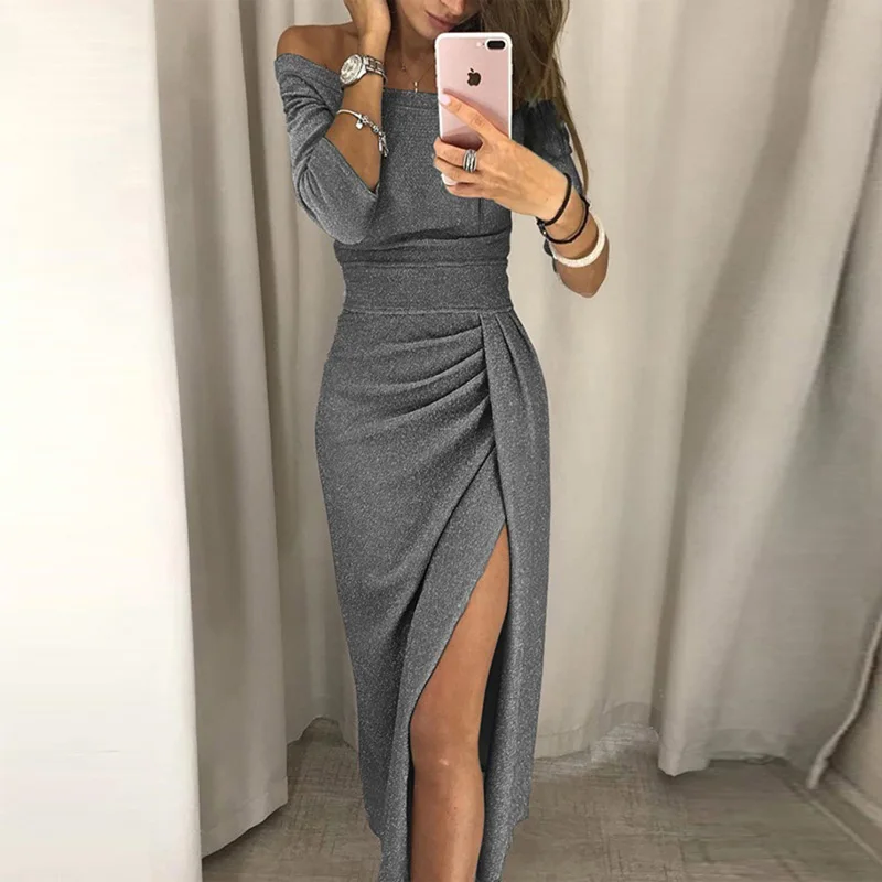 

Spring Autumn New Off Shoulder Dress 2020 Sexy Side Split Midi Dress Women Elegant Slash Neck Long Sleeve Dress Vestido