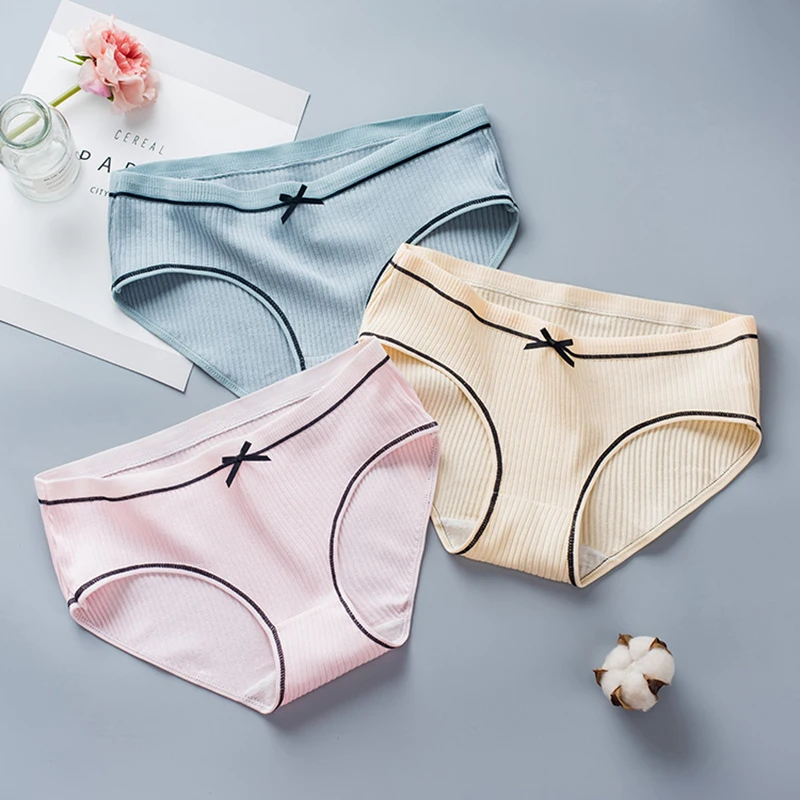 

Breathable mid-waist cotton ladies panties briefs girls seamless bow Women Underwear Striped elastic girls panties LW01