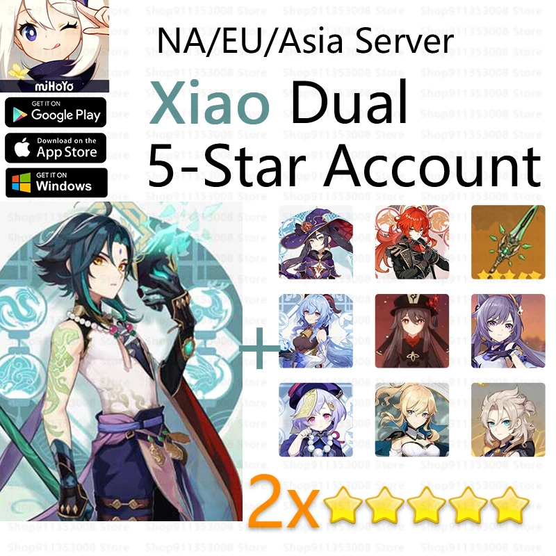 

Genshin Impact Xiao Dual 5 star Account 2 5-Star Characters NA/EU/Asia server Mona Qiqi Jean Keqing Albedo Ganyu Hutao
