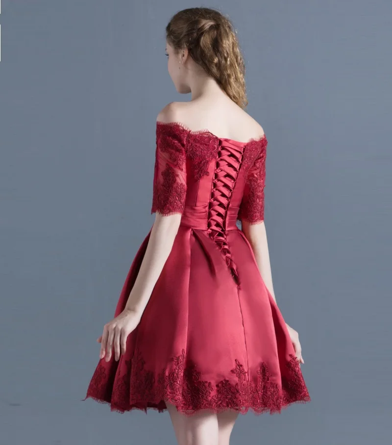 

Women's short formal prom evening dress Plus size off shoulder lace satin wedding party dress pink white bridesmaid dress